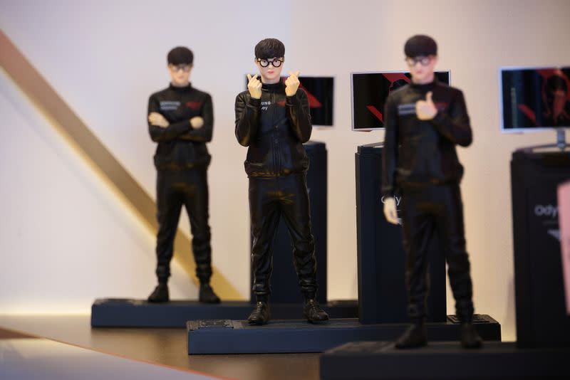 Figurines of League of Legends professional gamer 'Faker' from South Korea esports team 'T1' are seen on display at its store in Seoul, South Korea