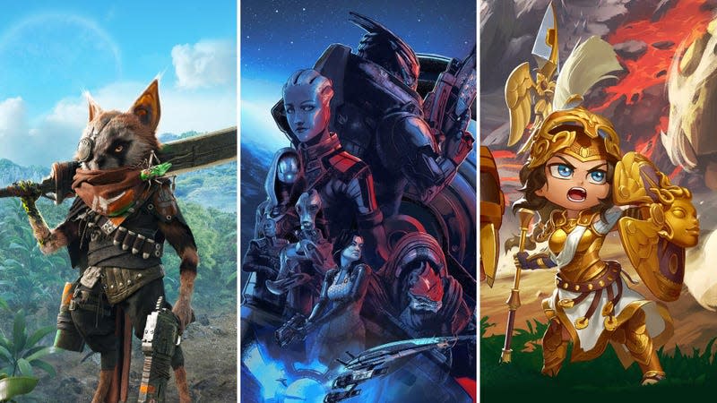 A split image shows art from Biomutant, Mass Effect Legendary Edition, and DKO: Divine Knockout.