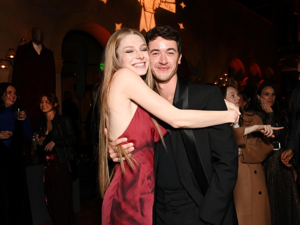 Hunter Schafer and Tom Blyth attend a "The Hunger Games: The Ballad of Songbirds and Snakes" fan event in Hollywood, California, in November.