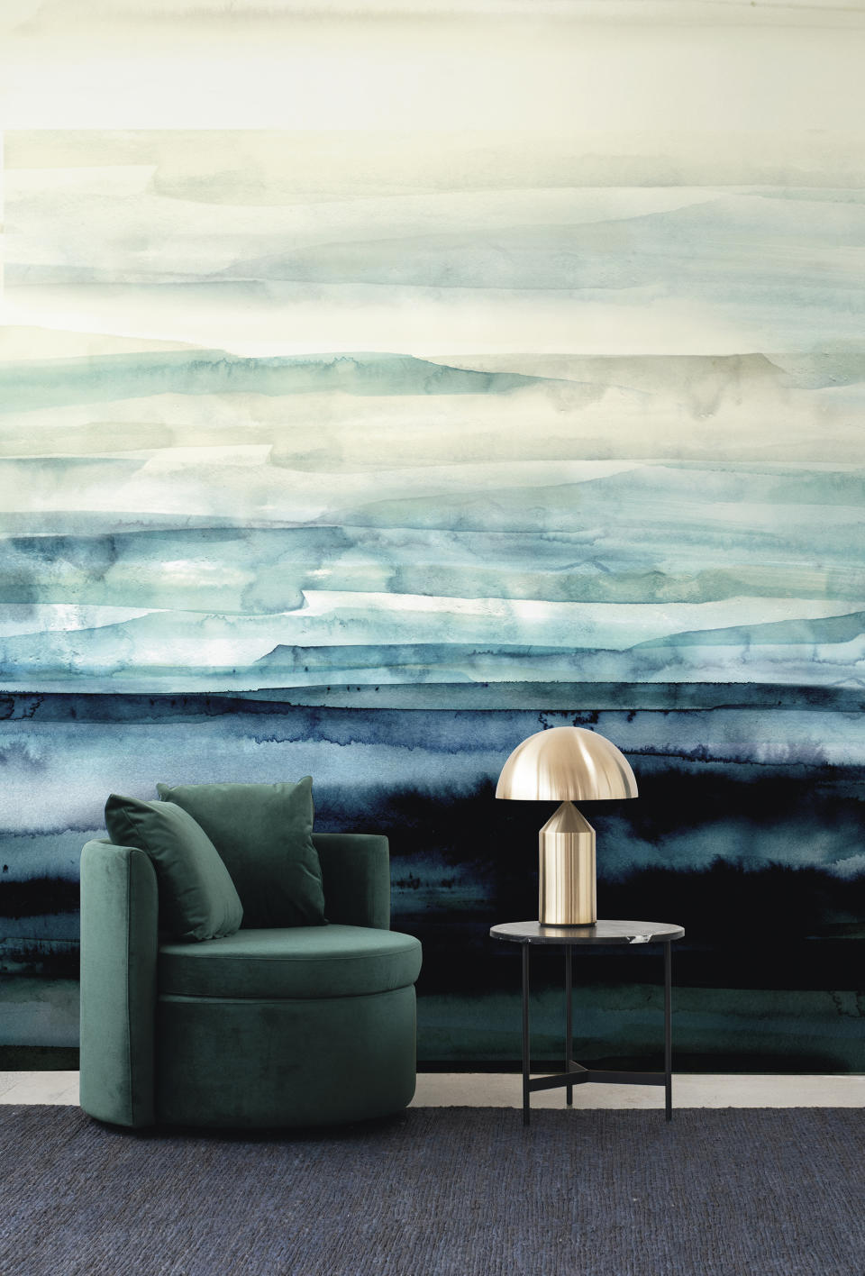 This photo provided by New Zealand designer Emma Hayes shows the designer’s Sediment pattern in turquoise. Hayes draws much of her inspiration from the landscape around her. Wallpaper is back in a big way, decor experts say, and many make a statement through story or texture. (Emma Hayes via AP)