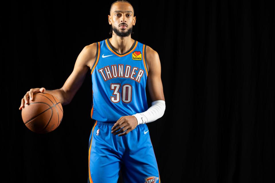 Oklahoma City's Olivier Sarr (30) poses for a photo during the Oklahoma City Thunder media day Omni Hotel and Oklahoma City Convention Center, Monday, Oct. 2, 2023.