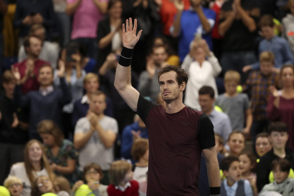 Andy Murray of Britain reacts after winning the European Open final tennis match in Antwerp, Belgium, Sunday, Oct. 20, 2019. Murray defeated Stan Wawrinka of Switzerland 3-6/6-4/6-4. (AP Photo/Francisco Seco)