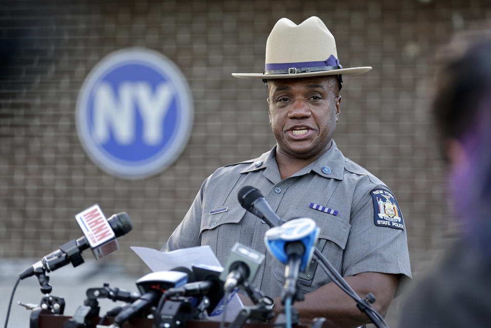 New York State Police Trooper Steven Nevel speaks during a news conference, in Middletown, N.Y., Thursday, Sept. 21, 2023. A charter bus carrying high school students to a band camp hurtled off a New York highway and down an embankment, officials said. (AP Photo/Adam Hunger)