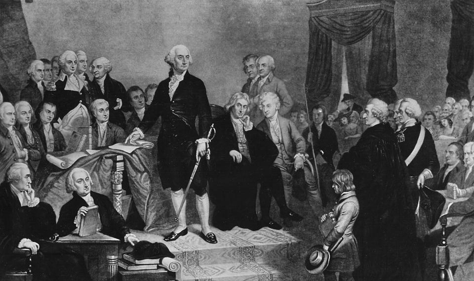 A painting depicting the inauguration of George Washington as the first president of the United States in 1789.