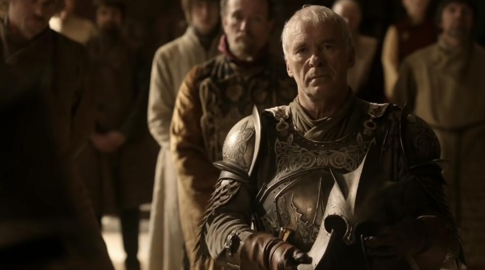 Ser Barristan in armor in a room of people