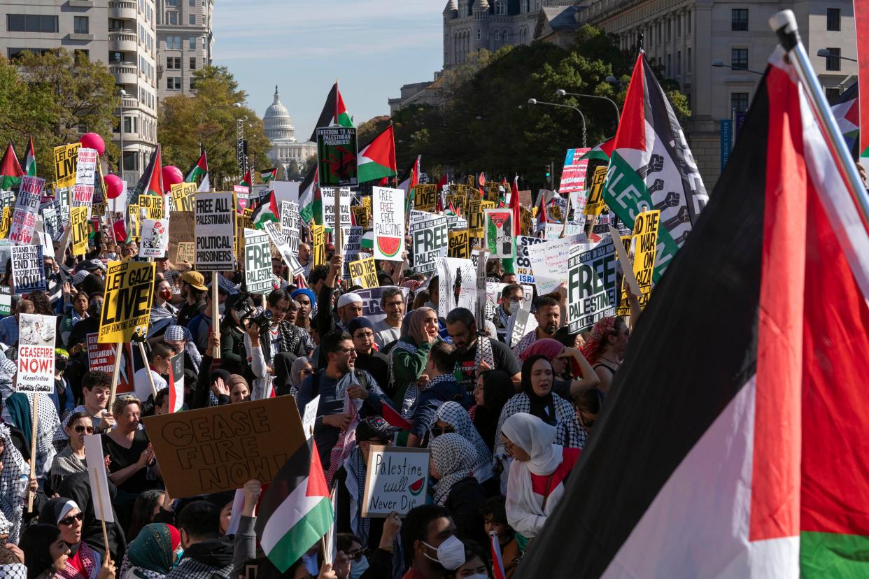 With the U.S Capitol in the background, thousands of protesters rally during a pro-Palestinian demonstration at Freedom Plaza in Washington, Saturday, Nov. 4, 2023 (AP)