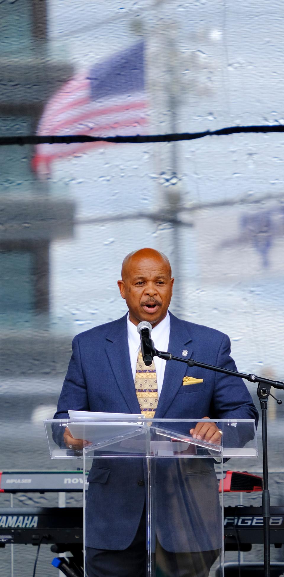 Oklahoma Sen. Kevin Matthews addresses the crowd at the dedication ceremony for Greenwood Rising Black Wall St. History Center on June 2, 2021, in Tulsa.