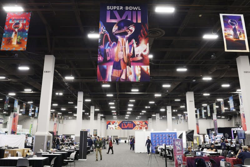 Radio row, shown Monday at the Mandalay Bay Convention Center, will host many media outlets this week ahead of Super Bowl LVIII in Las Vegas. Photo by John Angelillo/UPI