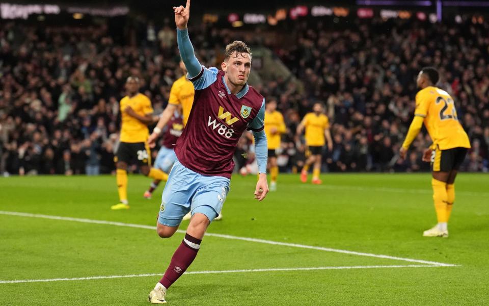 Burnleyâ€™s Jacob Bruun Larsen celebrates scoring the opening goal of the game during the Premier League match