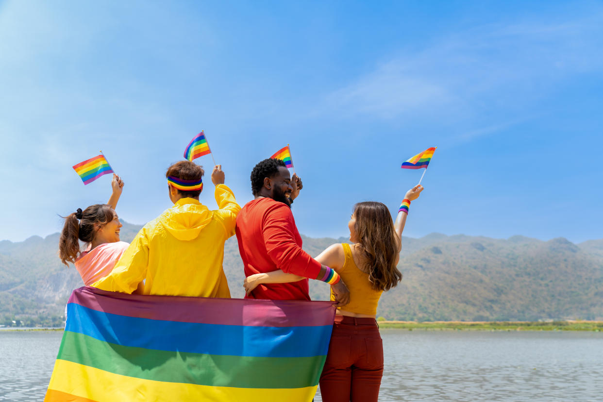 back view of young diverse friends standing and waving rainbow flags for celebrating equality sexual freedom, LGBT people enjoy weekend outdoor activities at nature park during summer day pride month