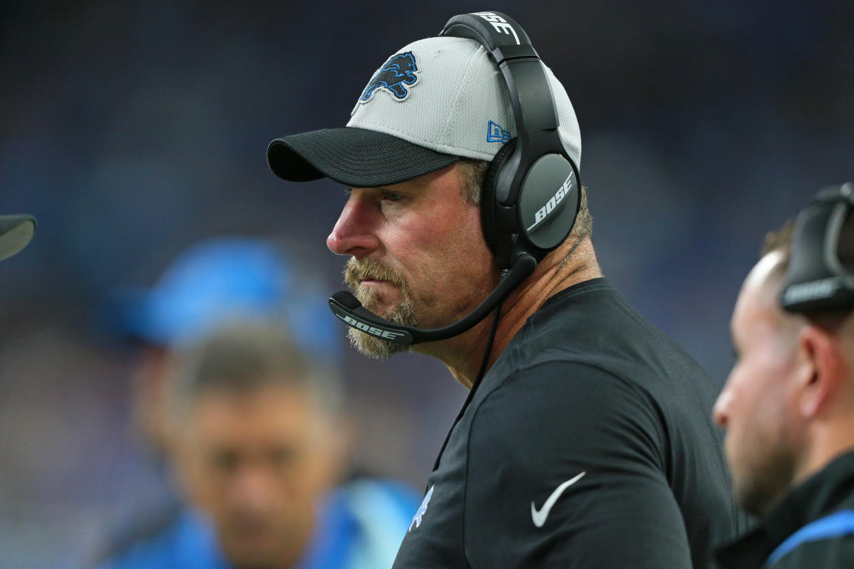 Detroit Lions head coach Dan Campbell follows the play during the second half of an NFL football game against the Baltimore Ravens in Detroit, Michigan USA, on Sunday, September 26, 2021. (Photo by Jorge Lemus/NurPhoto via Getty Images)