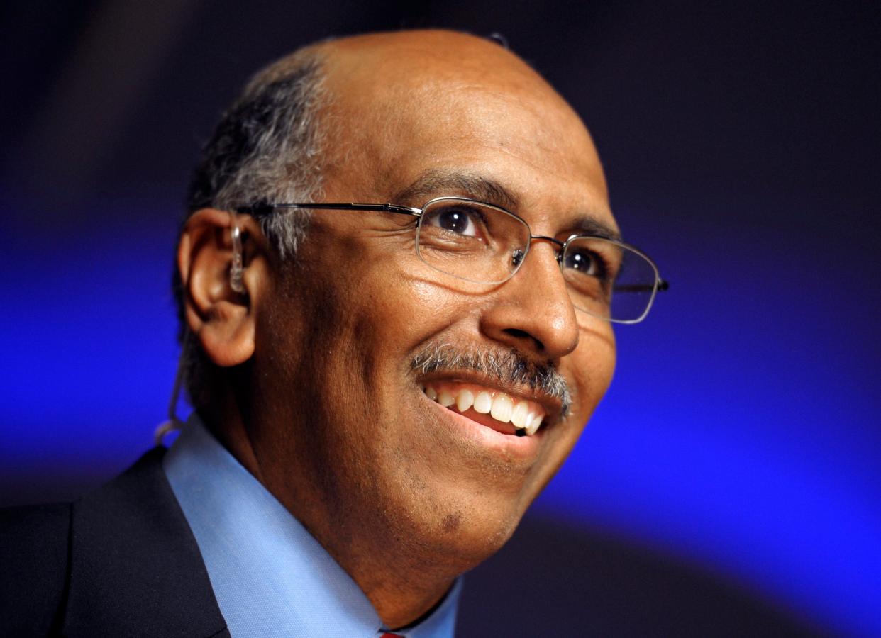 FILE - In this Nov. 2, 2010 file photo, Republican National Committee Chairman Michael Steele speaks in Washington. Steele could disclose late Monday whether he'll seek re-election to the two-year post as several challengers line up to try to succeed him.  (AP Photo/Cliff Owen, File)