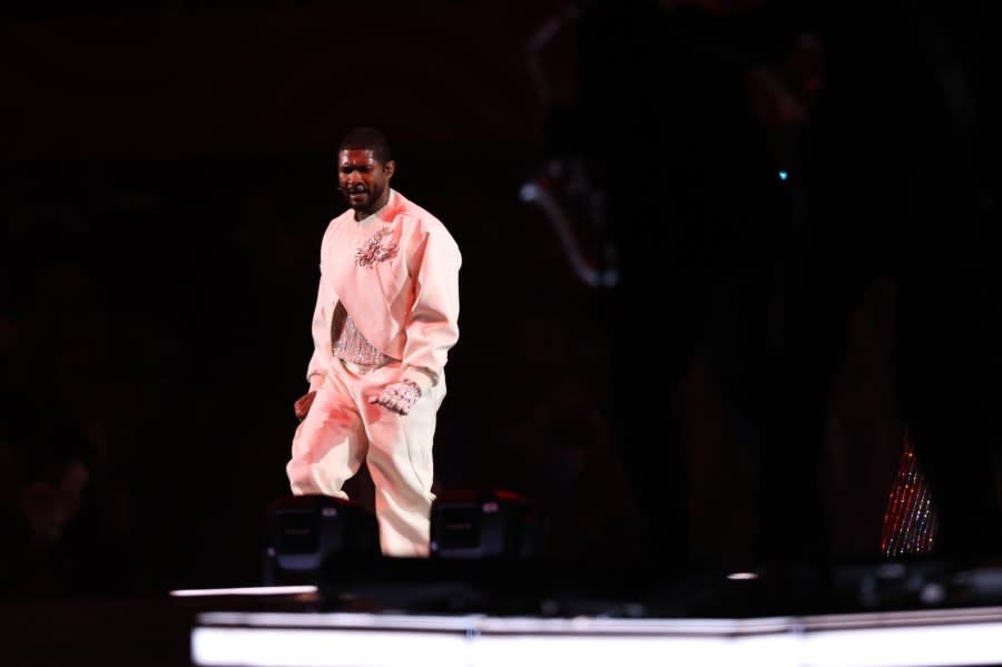 LAS VEGAS, NEVADA – FEBRUARY 11: Usher performs on the field during the Apple Music Super Bowl LVIII Halftime Show at Allegiant Stadium on February 11, 2024 in Las Vegas, Nevada. (Photo by Harry How/Getty Images)