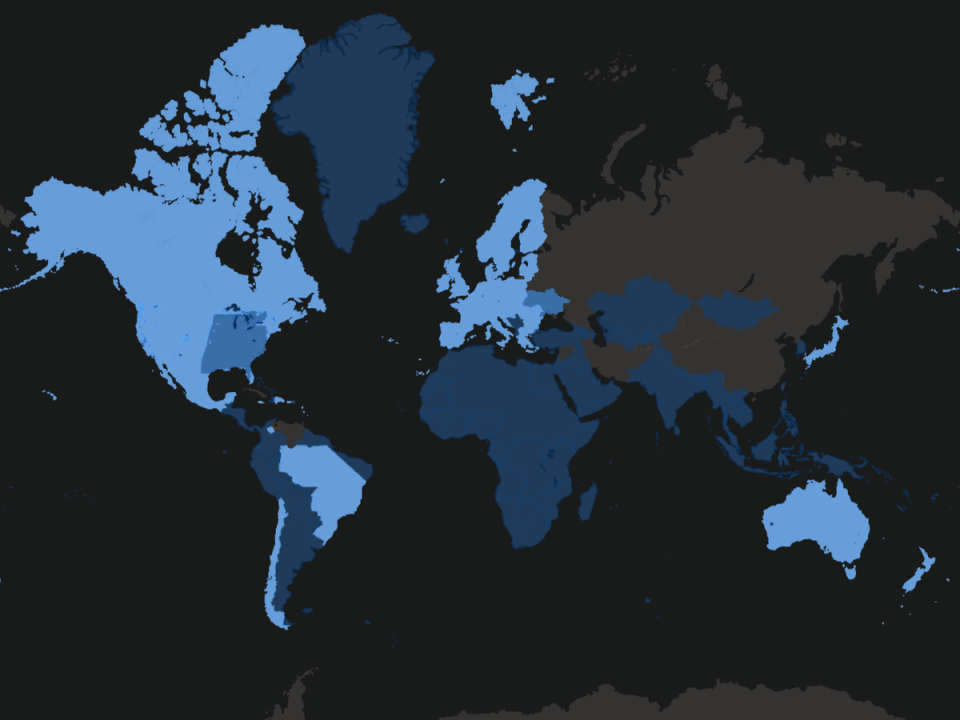 Starlink is available in light blue areas as of 6 December, 2022 (SpaceX)