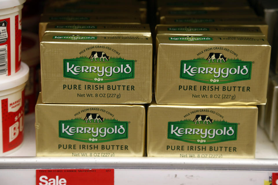 A supply of Kerrygold Pure Irish Butter sits amidst other butters on a store shelf Friday, March 17, 2017 in Edina, Minn. Wisconsin consumers tired of trekking across state lines to buy a popular Irish butter are taking their fight to court. A 1953 state law bans the sale of Kerrygold butter in Wisconsin, along with any other butter that hasn’t been locally graded for quality. A handful of butter aficionados filed the lawsuit, saying it’s unconstitutional to require butter sold in the state to undergo a government-mandated taste test. (AP Photo/Jim Mone)