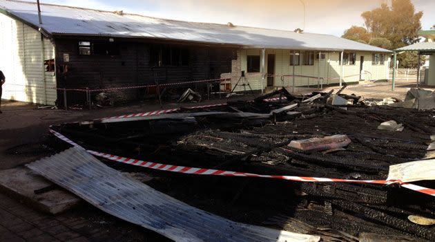 The charred remains of the school building destroyed by fire at Balaklava. Photo: Paul Martino, 7News.