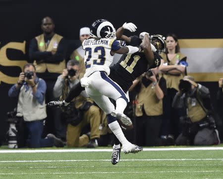 Jan 20, 2019; New Orleans, LA, USA; Los Angeles Rams defensive back Nickell Robey-Coleman (23) breaks up a pass intended for New Orleans Saints wide receiver Tommylee Lewis (11) on a third down play during the fourth quarter in the NFC Championship game at Mercedes-Benz Superdome. Mandatory Credit: John David Mercer-USA TODAY Sports