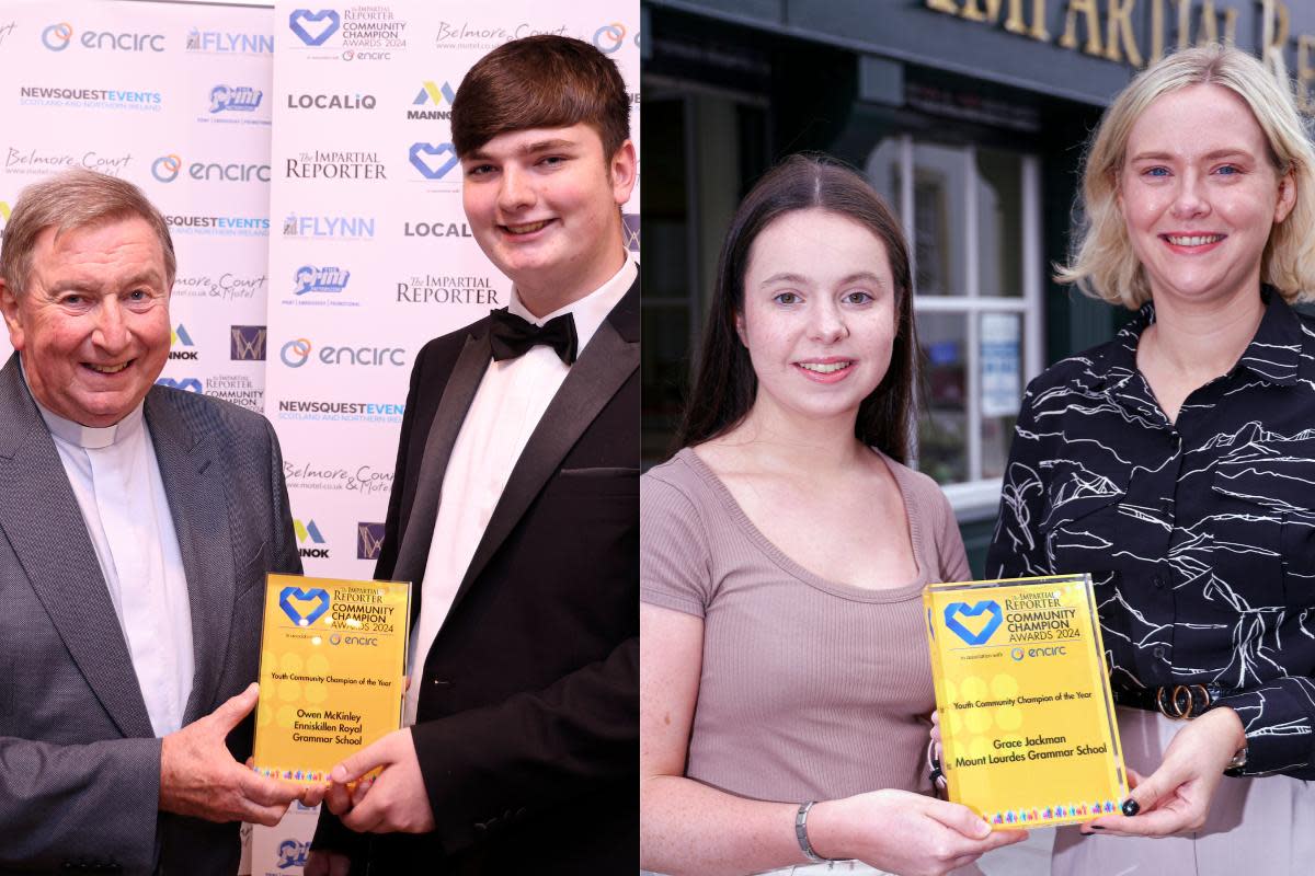 Youth Champions Grace Jackman pictured with the Impartial Reporter's Victoria Johnston, and Owen McKinley pictured with Fr Brian D'Arcy. <i>(Image: John McVitty.)</i>