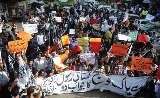 Pakistani Muslim demonstrators shout anti-US slogans during a protest against an anti-Islam film in Karachi. Ihe US embassy in Islamabad has edited and produced a 30-second TV advertisement broadcast across seven networks in Pakistan in a bid to dissociate the US government from the inflammatory movie