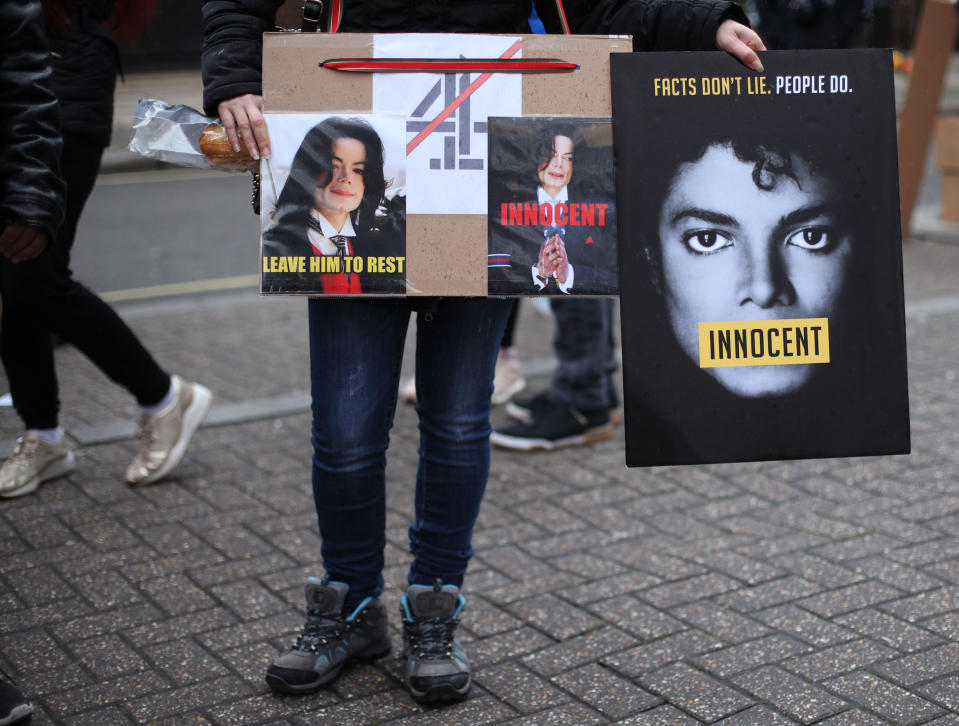 Michael Jackson fans stage a protest outside the headquarters of Channel 4 on Horseferry Road, London, ahead of the airing of the documentary Leaving Neverland. (Photo by Yui Mok/PA Images via Getty Images)
