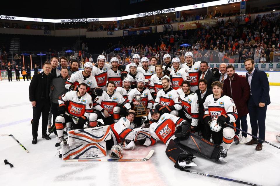 Jeremy McKenna’s hat trick on Monday lifted the Kansas City Mavericks hockey team to the first Kelly Cup Finals appearance in franchise history.