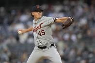 Detroit Tigers' Reese Olson (45) pitches during the first inning of a baseball game against the New York Yankees, Friday, May 3, 2024, in New York. (AP Photo/Frank Franklin II)