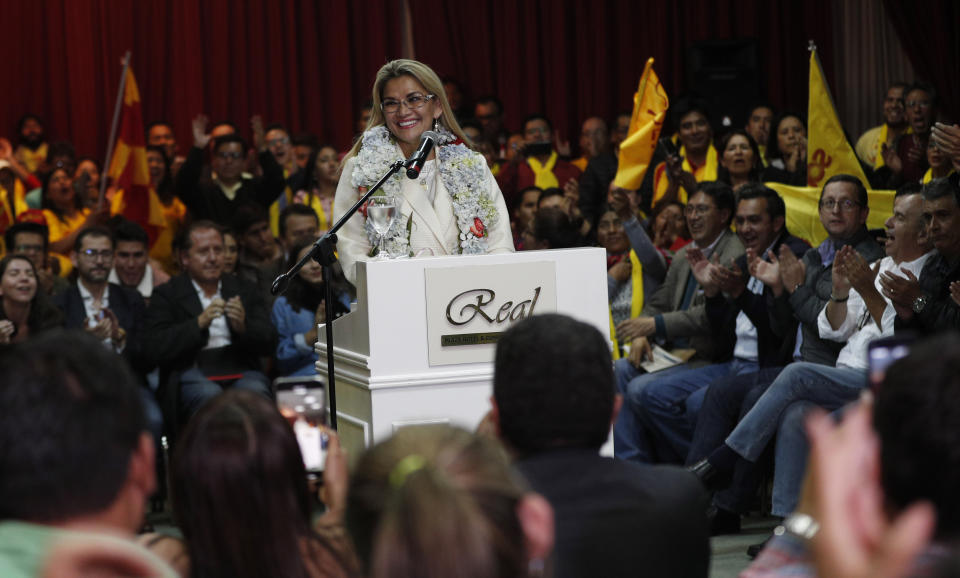 Bolivia's interim President Jeanine Anez smile during a ceremony announce her nomination as presidential candidate for the May 3 elections in La Paz, Bolivia, Friday, Jan. 24, 2020. (AP Photo/Juan Karita)