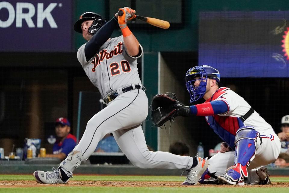 Detroit Tigers first baseman Spencer Torkelson (20) follows thru on a three run home run during the eighth inning against the Texas Rangers at Globe Life Field in Arlington, Texas on June 29, 2023.