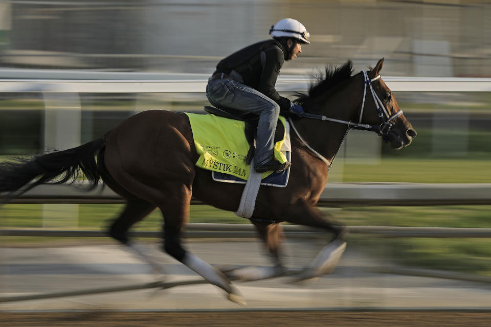 Kentucky Derby hopeful Mystik Dan works out at Churchill Downs Monday, April 29, 2024, in Louisville, Ky. The 150th running of the Kentucky Derby is scheduled for Saturday, May 4. (AP Photo/Charlie Riedel)