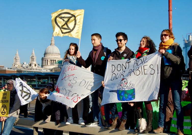 <span class="caption">Claire (second right) at an Extinction Rebellion blockade in London.</span>