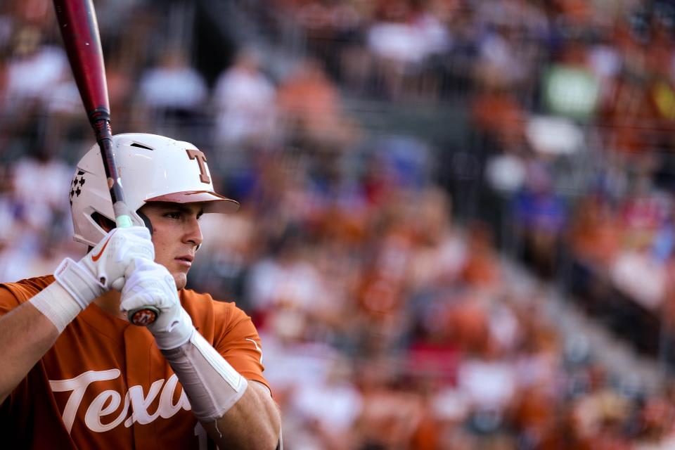 Texas infielder Ivan Melendez (17) watches the pitcher before heading up to bat during the NCAA regional playoff game against Louisiana Tech at Disch-Falk Field in Austin, Texas on June 4, 2022.