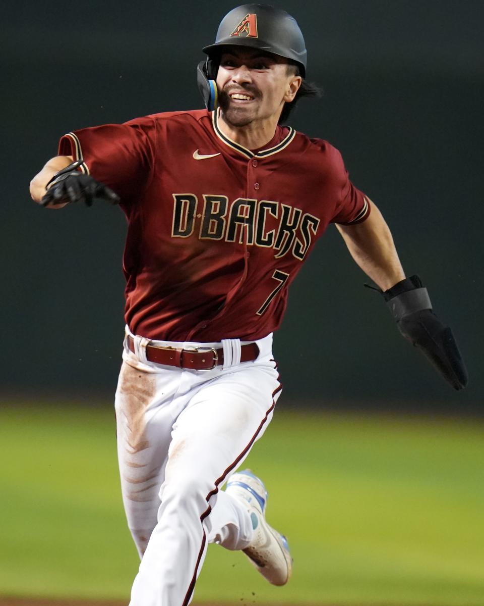 Sept. 4, 2022; Phoenix, AZ, USA; Arizona Diamondbacks' Corbin Carroll races to third base against the Milwaukee Brewers at Chase Field.