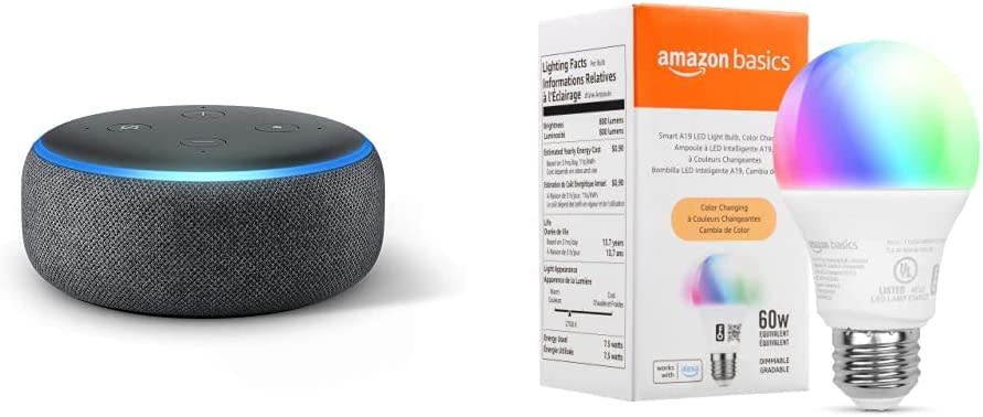 Amazon Echo Dot (3rd Gen) Charcoal with Amazon Basics Smart Color Bulb against white background.