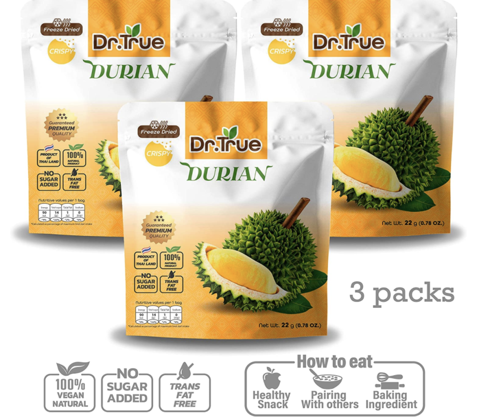 Dr.True freeze-dried fruit, durian crisps, healthy snack, 3 packs (22g/packs), S$18. PHOTO: Amazon