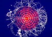 This track is an example of simulated data modelled for the ATLAS detector on the Large Hadron Collider (LHC) at CERN. The Higgs boson is produced in the collision of two protons and quickly decays into four muons, a type of heavy electron that