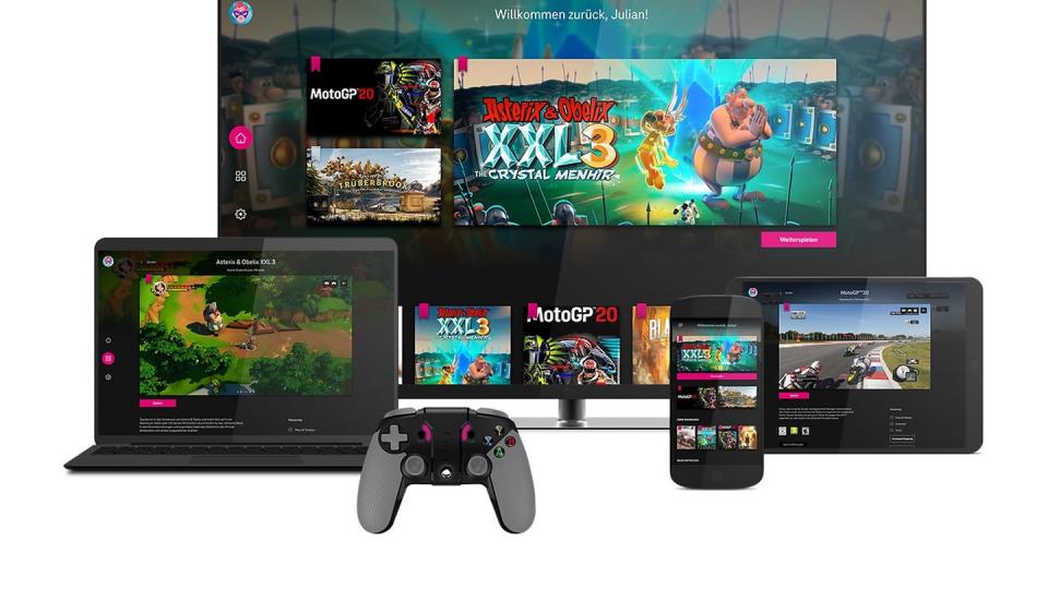 Windows-PC, Mac und Android sind die von Magenta-Gaming unterstützten Plattformen. Ein eigener Bluetooth-Controller (ganz vorne) soll auch bald kommen.