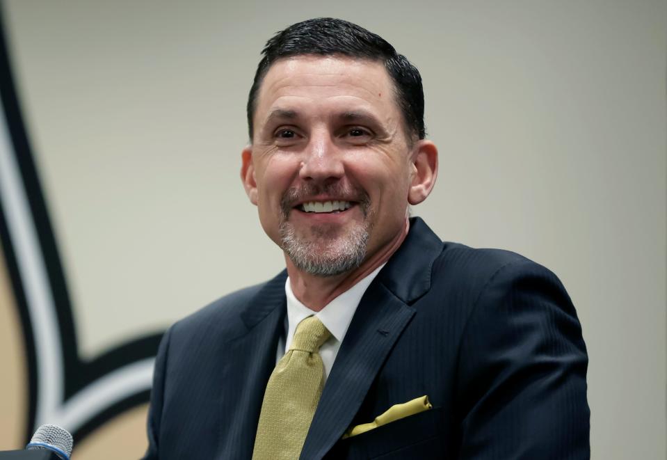 New Orleans Saints new head coach Dennis Allen speaks during a news conference at the NFL football team's training facility, Tuesday, Feb. 8, 2022, in Metairie, La. (AP Photo/Derick Hingle)