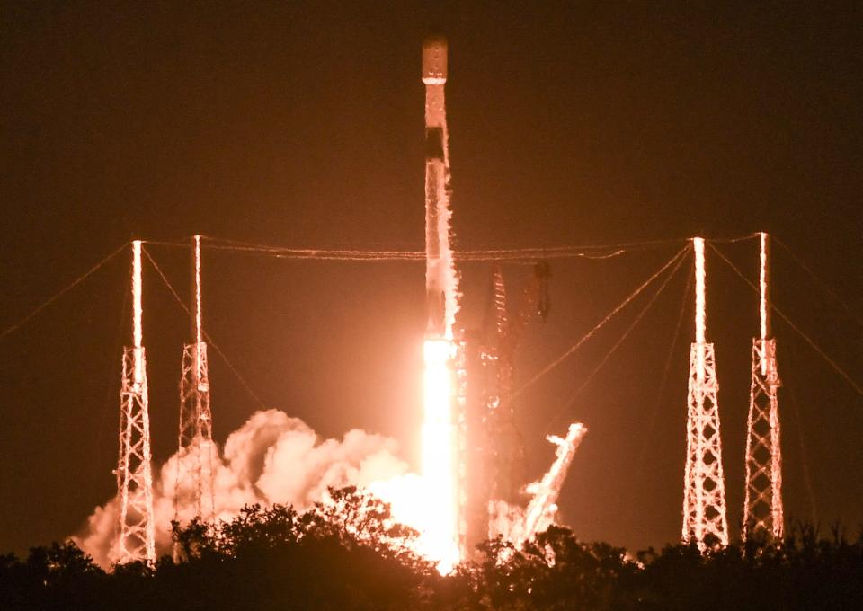 A SpaceX Falcon 9 rocket lifts off Tuesday night from Cape Canaveral Space Force Station.