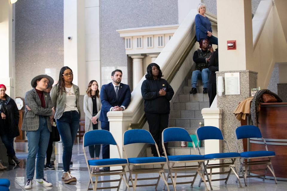 Mayor Scott Conger and other city of Jackson staff and attendees listen during a Black History Month event at city hall in downtown Jackson, Tenn., on Friday, February 3, 2023. 