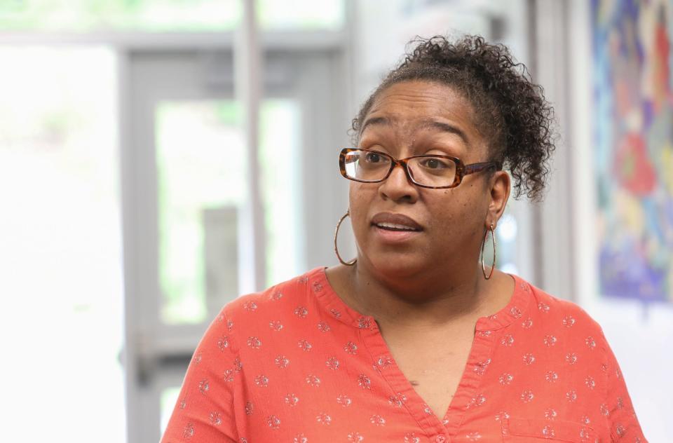 Nyack NAACP president Nicole Hines  speaks about recent racial slurs at the Nyack School's District office in Nyack on Thursday, May 19, 2022.