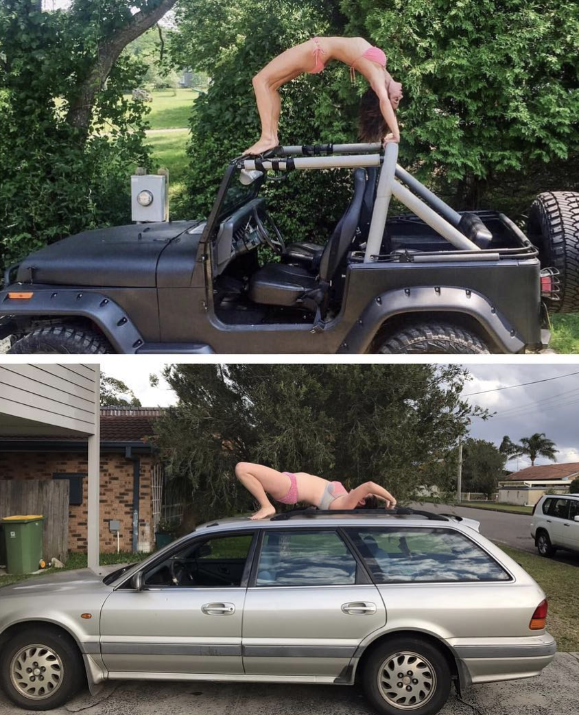 <p>Gymnastic on a car? We think not. <em>[Photo: Celeste Barber/ Instagram]</em> </p>