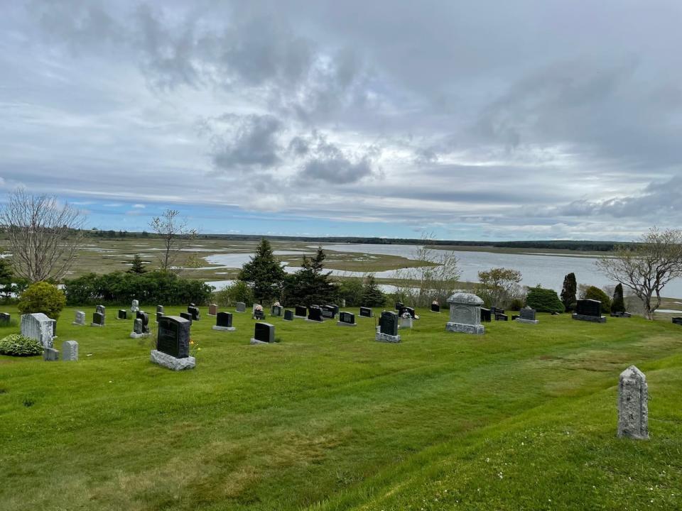 A present day view of the Chebogue River feeding into the harbour as seen from Town Point Cemetery. The cemetery was established in 1766.