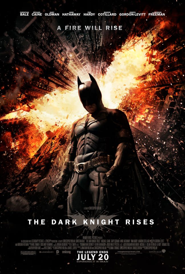 This theatrical poster for "The Dark Knight Rises" was released on Monday, placing Batman at the center of a fiery, collapsing cityscape (which, of course, looks a lot like the Bat-symbol). Some online fans expressed their disappointment with the image, feeling it was not terribly original. But it does fit in with the aesthetic style of many of the earlier posters from Nolan's Bat-films. Keep clicking to see more photos from "The Dark Knight Rises."