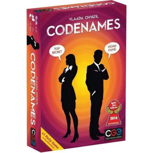 purple and orange board game for adults with codenames written across