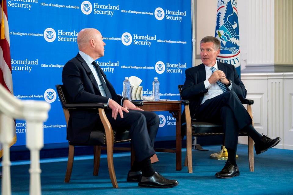 Homeland Security Secretary Alejandro Mayorkas participates in a fireside chat with the Under Secretary of Intelligence and Analysis, Kenneth L. Wainstein, at the Nebraska Avenue Complex in Washington, DC, on June 7, 2023.