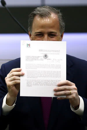 Institutional Revolutionary Party (PRI) candidate Jose Antonio Meade shows a document after registering as presidential candidate at the National Electoral Institute (INE) in Mexico City, Mexico March 18, 2018. REUTERS/Edgard Garrido