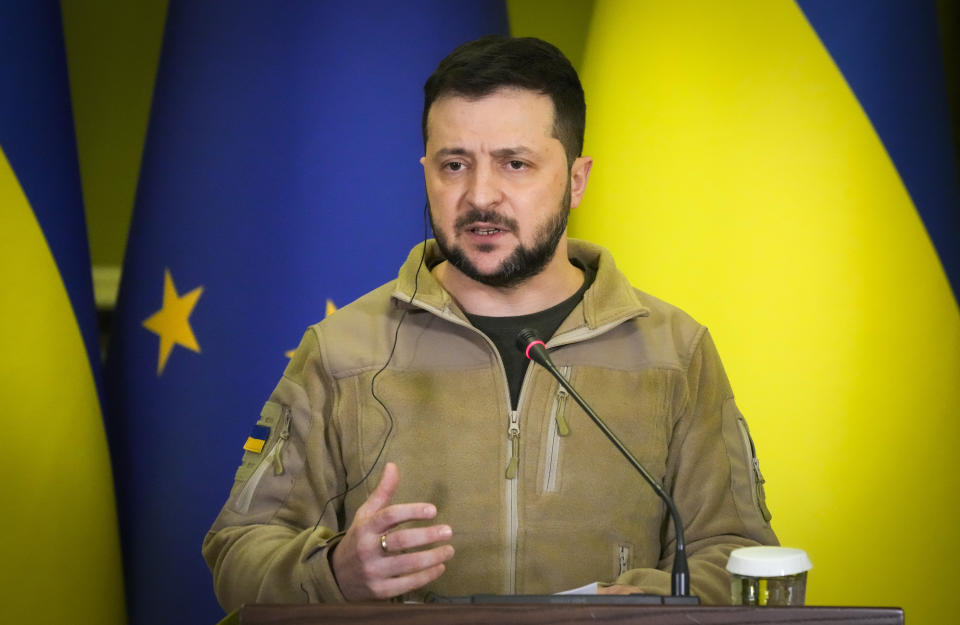 Ukrainian President Volodymyr Zelenskyy attends a news conference with European Council President Charles Michel after their meeting in Kyiv, Ukraine, Wednesday, April 20, 2022. (AP Photo/Efrem Lukatsky)