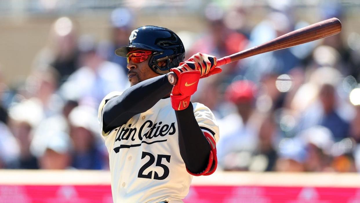 <div>Byron Buxton #25 of the Minnesota Twins hits an RBI single against the Los Angeles Dodgers in the third inning at Target Field on April 10, 2024 in Minneapolis, Minnesota.</div> <strong>((Photo by David Berding/Getty Images))</strong>