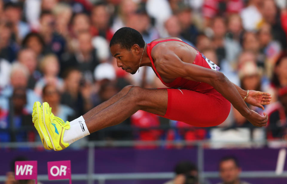 LONDON, ENGLAND - AUGUST 09: Christian Taylor of the United States competes during the Men's Triple Jump Final on Day 13 of the London 2012 Olympic Games at Olympic Stadium on August 9, 2012 in London, England. (Photo by Alexander Hassenstein/Getty Images)