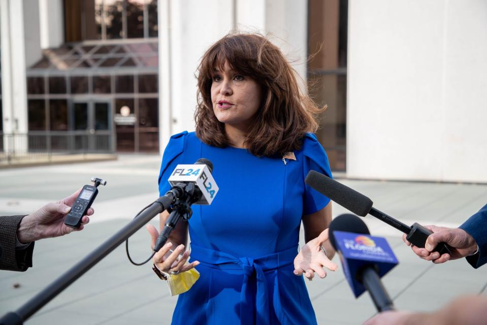 Sen. Annette Taddeo holds a press conference outside the R.A. Gray Building in Tallahassee after filing paperwork to run as a candidate in the 2022 Florida governor's race Monday, Oct. 19, 2021.